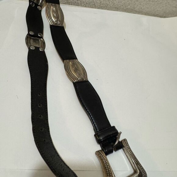 Fossil silver toned metal links leather  women's belt 34” Black Leather Size S - Picture 8 of 9